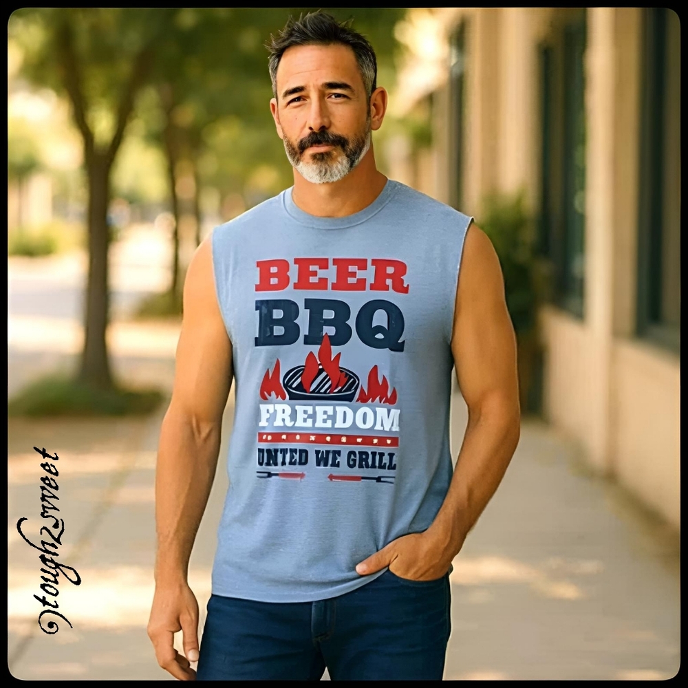 NWOT!! MEN'S XL GREY BEER, BARBECUE, FREEDOM TANK TOP